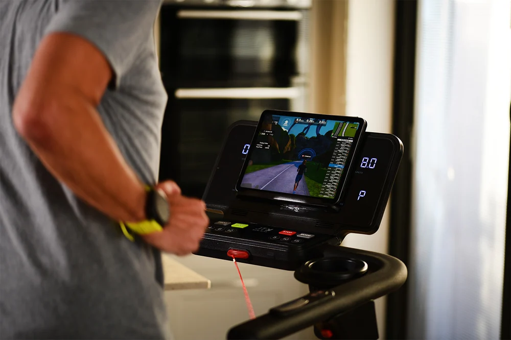 JTX RunRise flat folding treadmill console with a tablet mounted above the deck