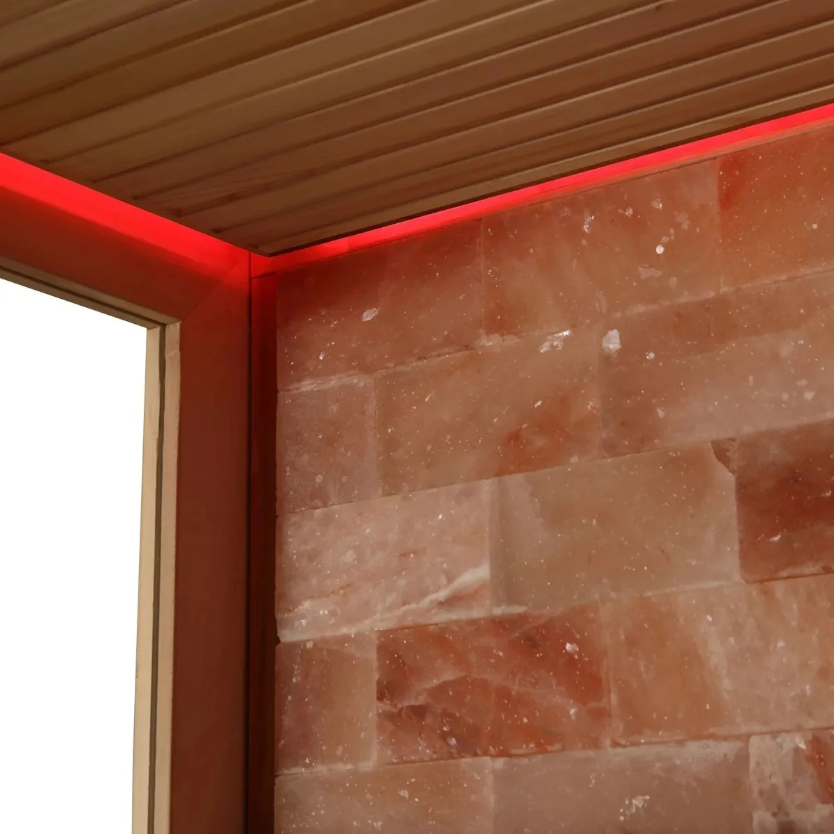 Salt brick wall detail in the Steam & Oak Prism sauna lit by a warm red light strip