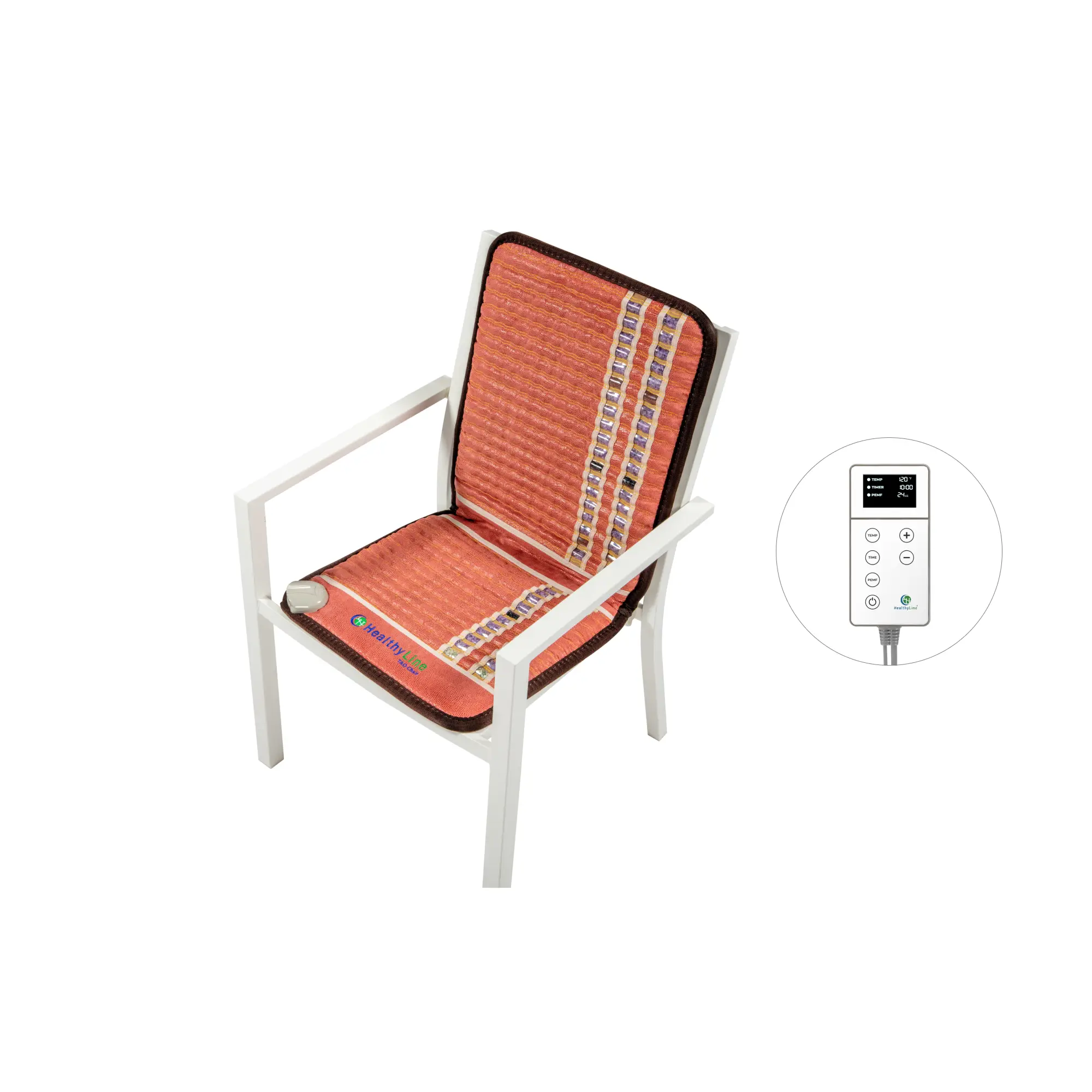 HealthyLine TAO Series compact multi-therapy mat fitted to a chair with controller