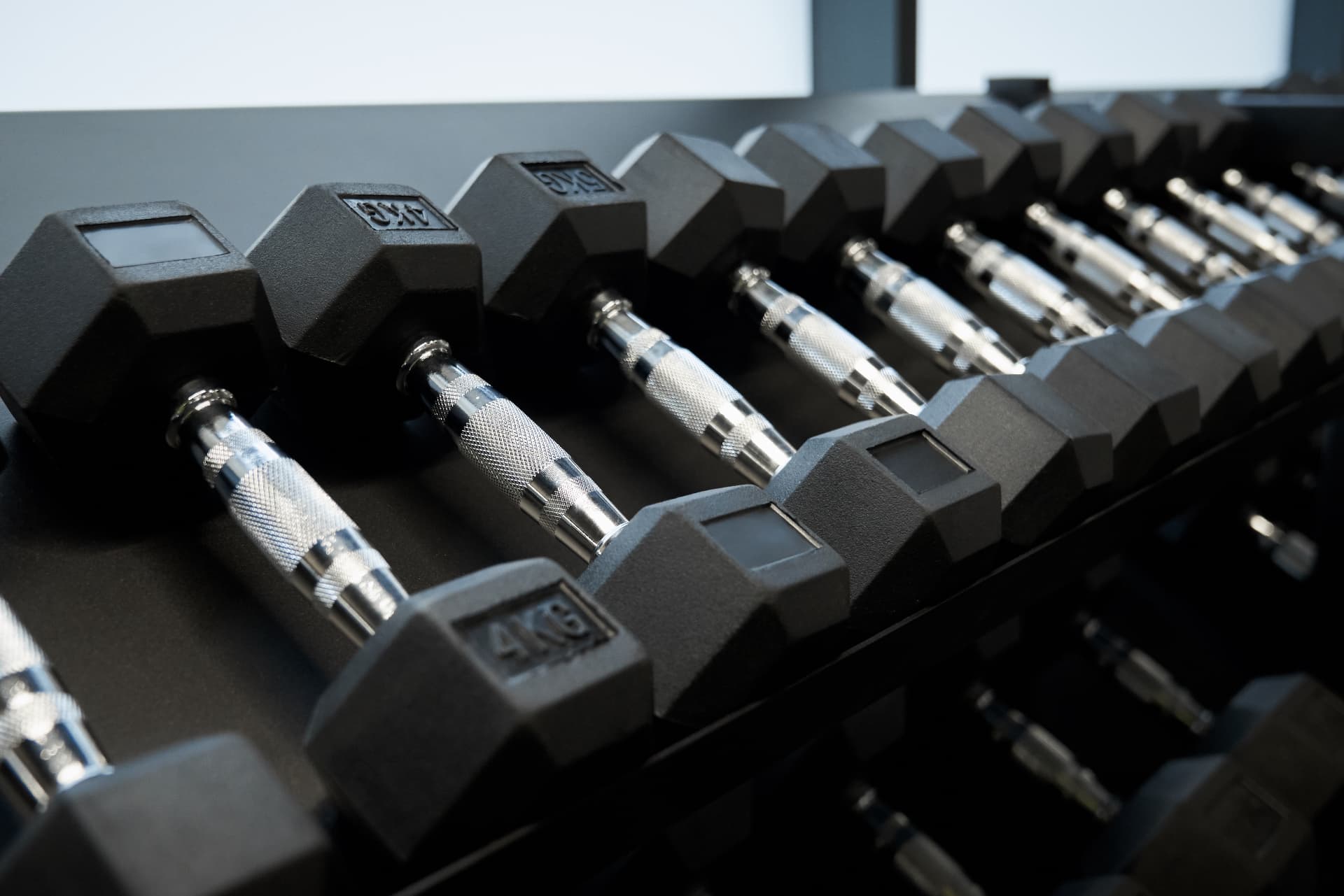 Free weights and plates arranged in a home strength training setup