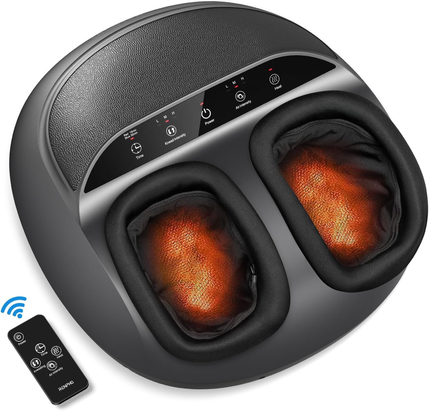Foot massager with two foot chambers and a remote control