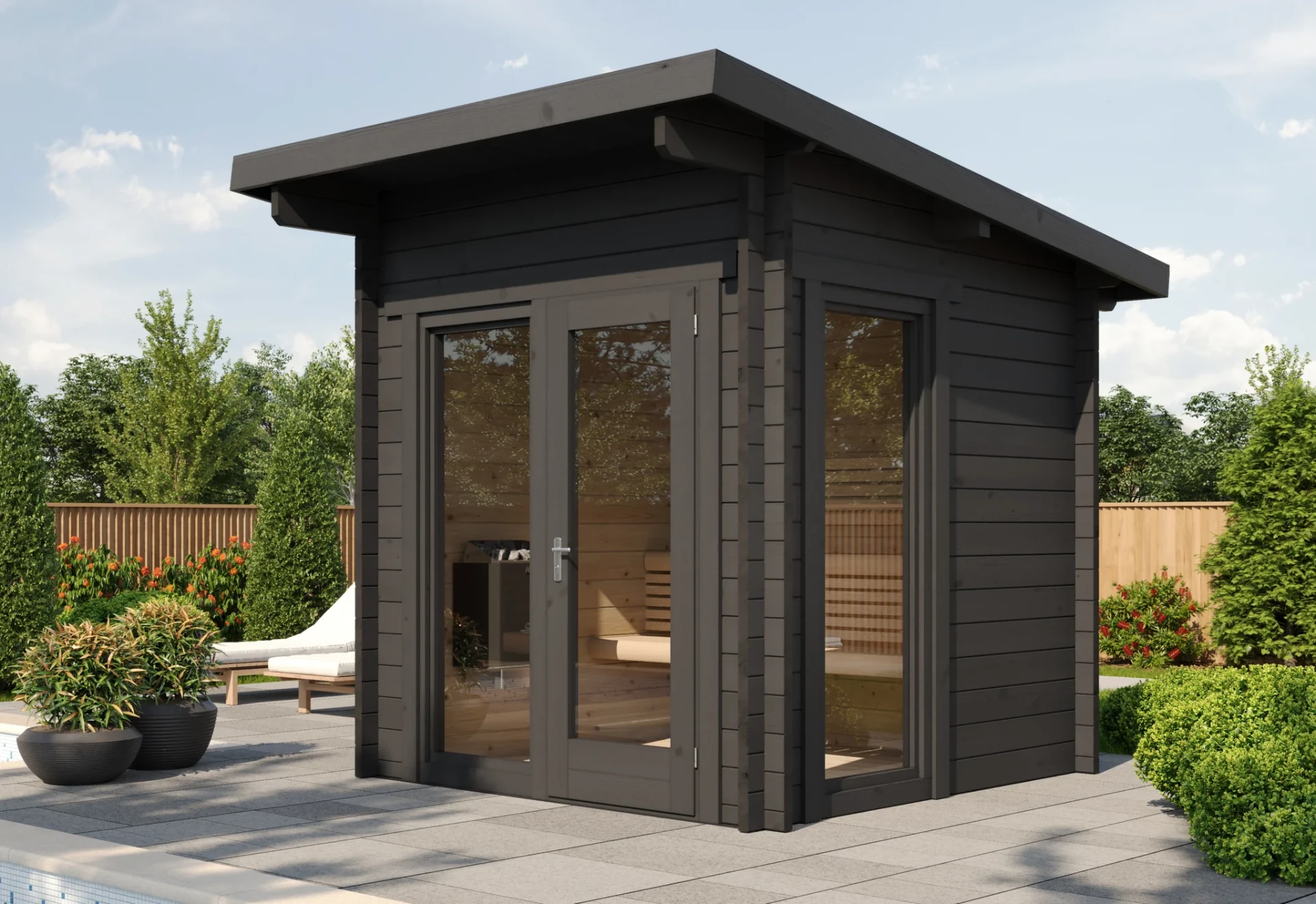 Contemporary grey outdoor sauna cabin on a paved garden terrace