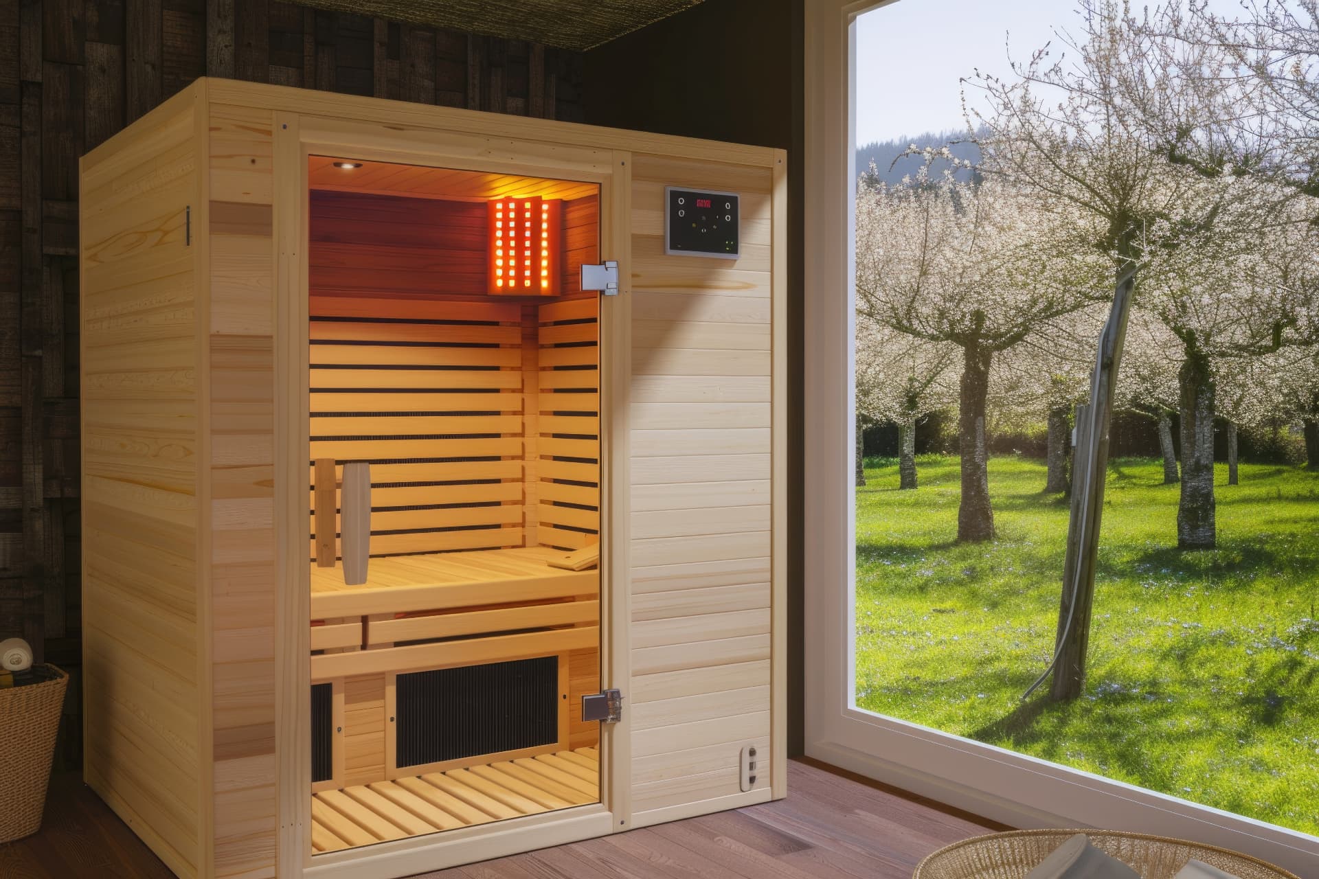 Indoor infrared sauna cabin in a bright room beside a large garden window
