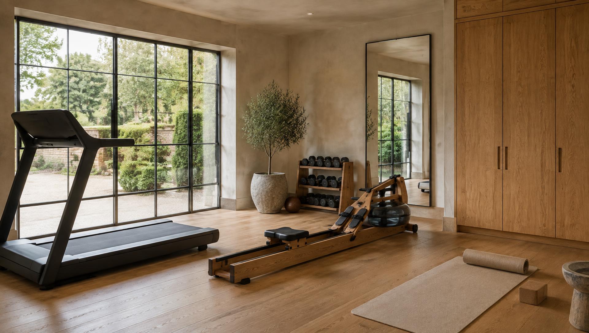 Warm, daylit residential home gym with oak flooring, a treadmill, rower and closed storage