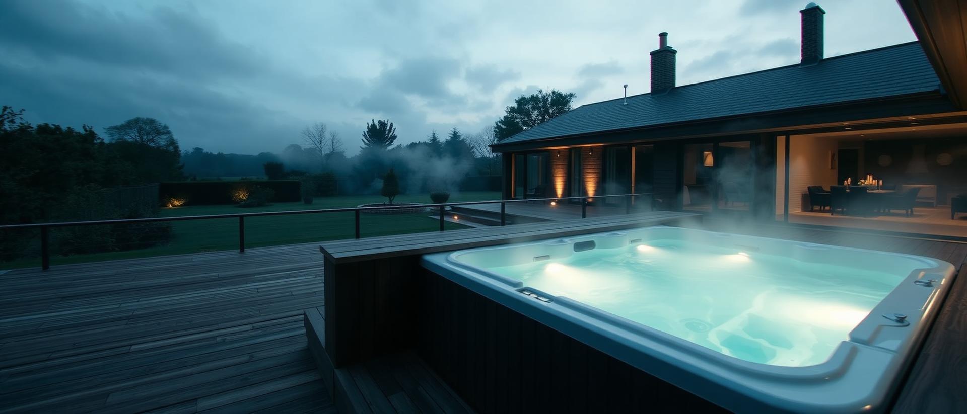 Steaming hot tub set into timber decking beside a house at dusk, overlooking a softly lit lawn and trees