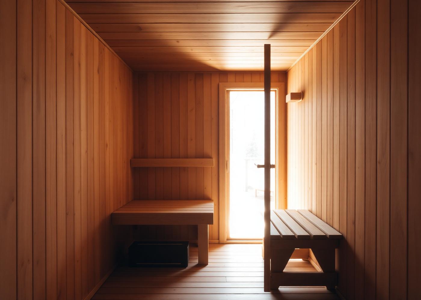 Timber sauna room with benches and a dark heater beneath the left bench beside a bright glazed door