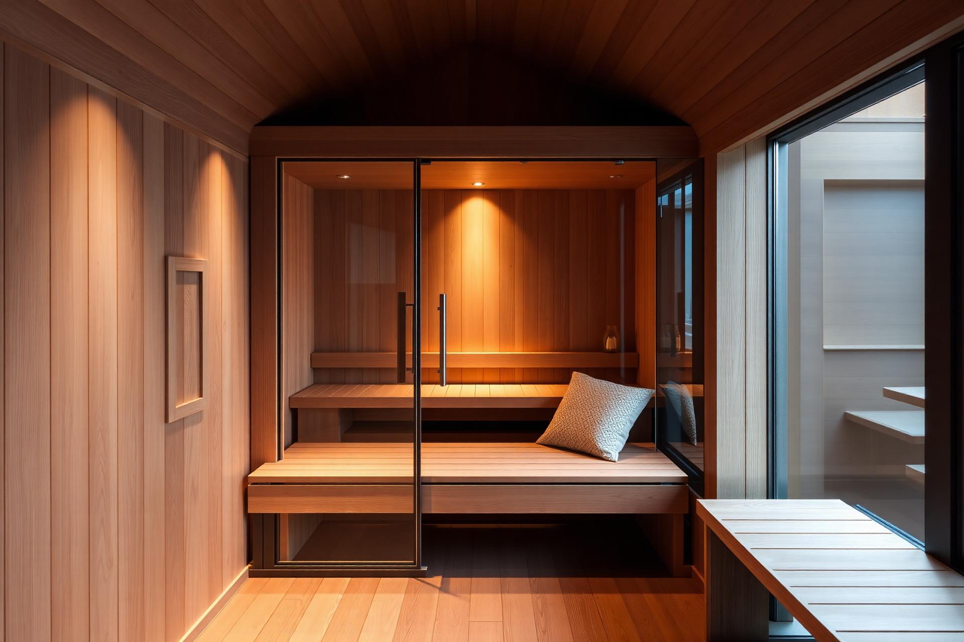 Warm timber-lined sauna with tiered benches and a glazed entrance beside a large window