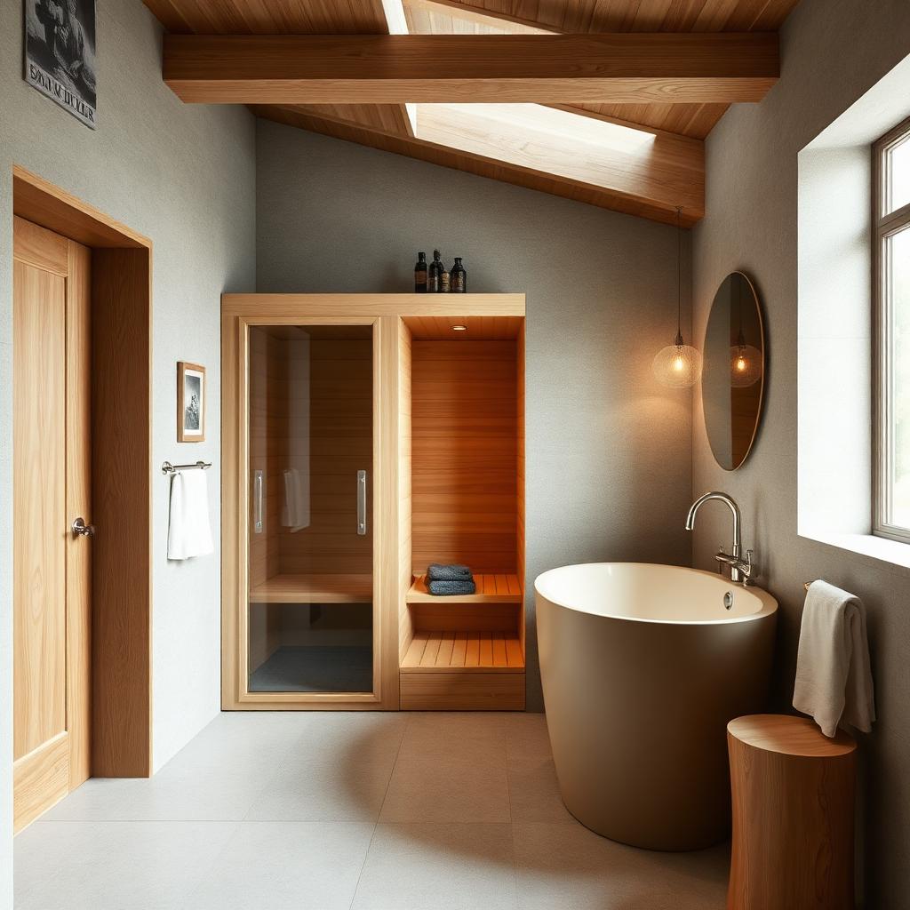 A compact indoor cedar sauna in a minimalist British bathroom